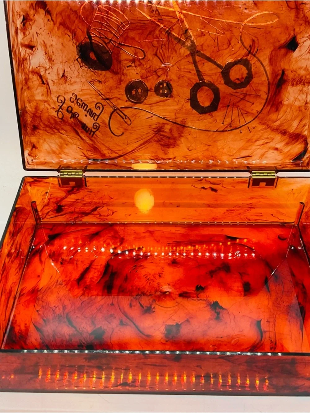 Vintage 1960s Lucite Amber ‘For My Sewing’ Box & Tray Gold Embossed Design.